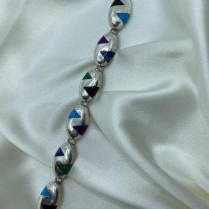 Beautiful Heavy Vintage Sterling and Colorful Inlay Bracelet